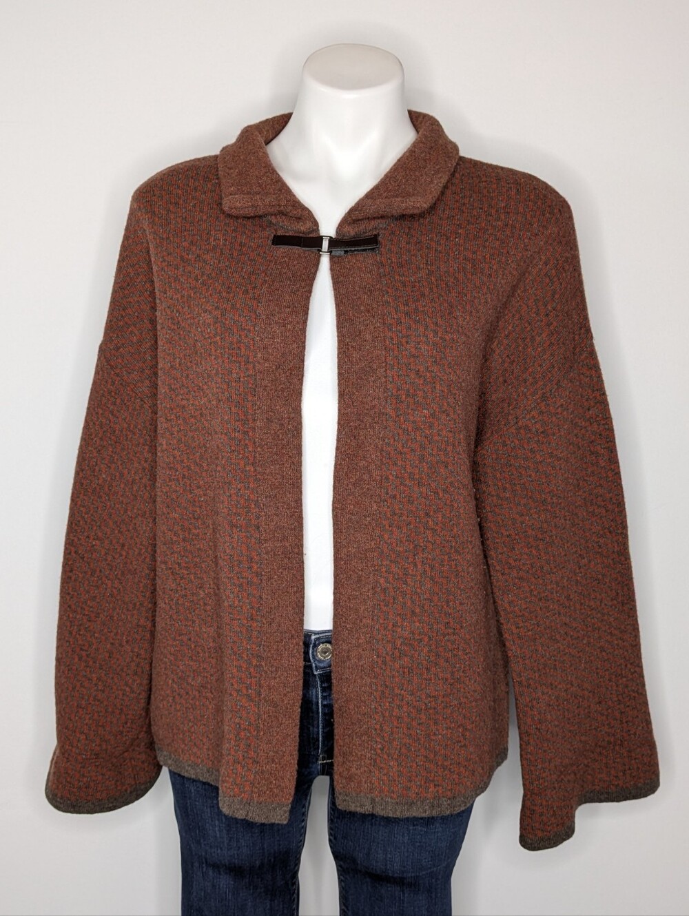 Chiaramente Brown Grey Zig Zag Collared Wool Blend Open Cardigan Sweater L